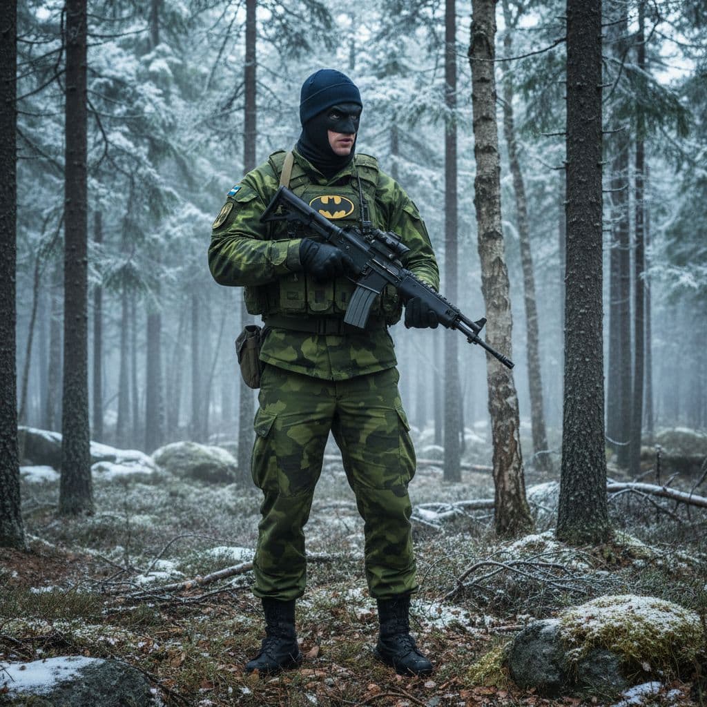 AI generated: Batman as a swedish soldier with a Ak5 rifle in the swedish forest north of sweden. Ultra realistic ...
