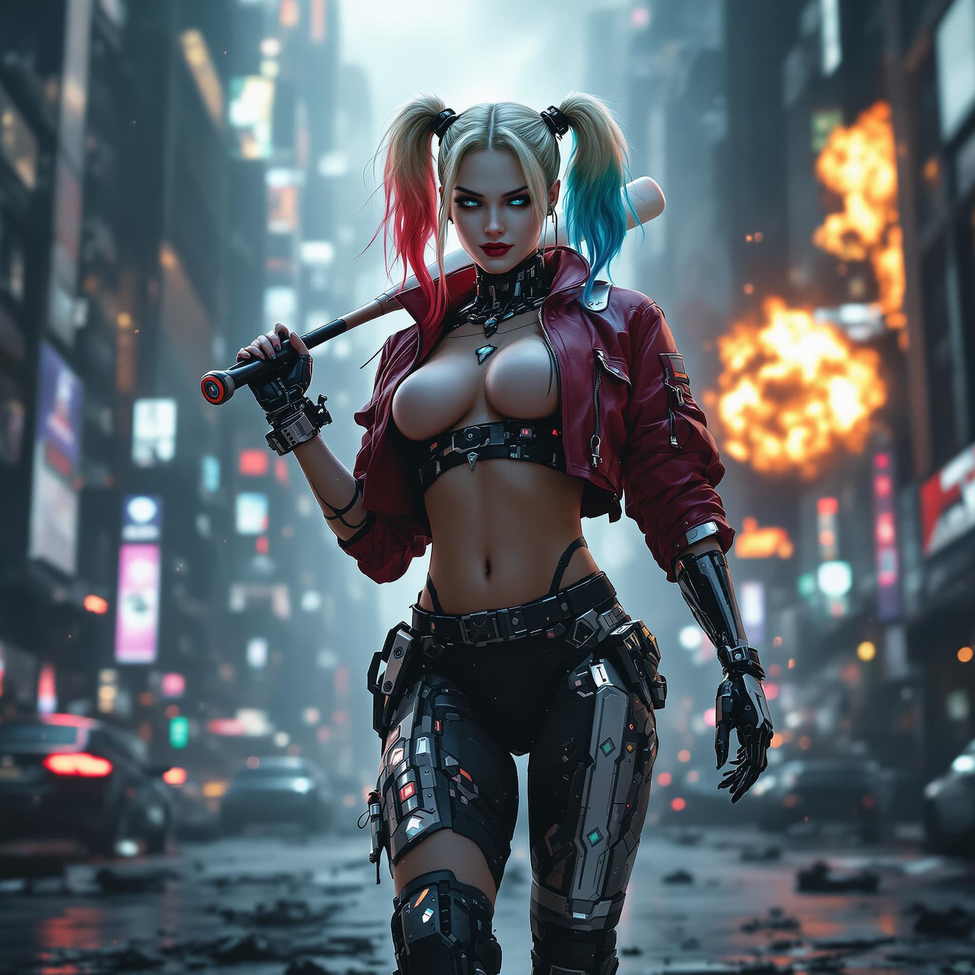 AI generated: HD wallpaper 32k cinematic shoot of DC's harley quinn((Android cyberpunk/robotic bodypart)) and her ...
