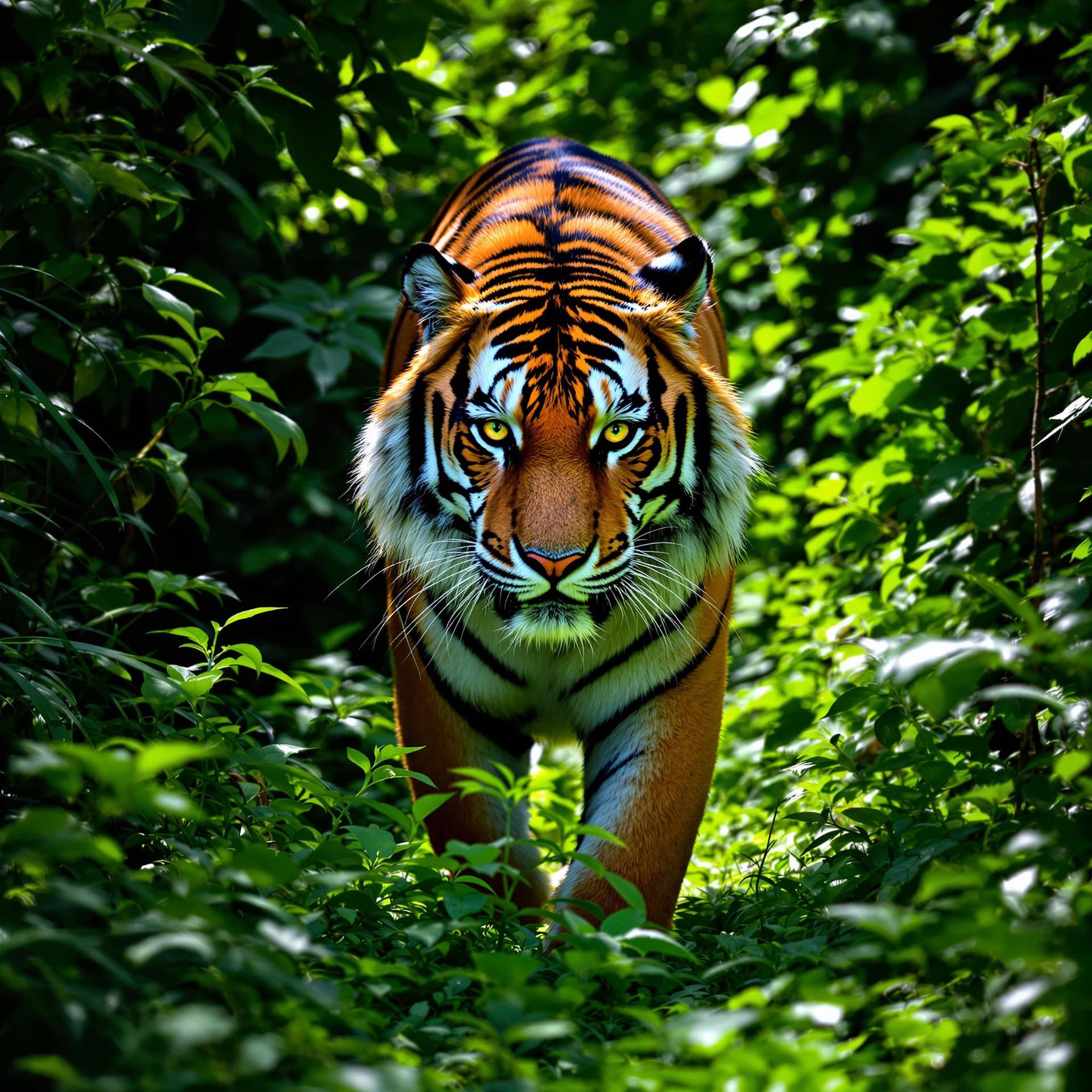 AI generated: The image features a majestic tiger prowling through a dense forest, its orange and black striped co...