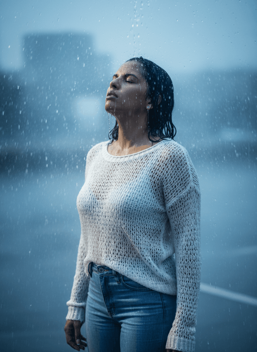 AI generated: Create an image with the attached photo of an elegant woman standing in intense rain, soaked, and a ...