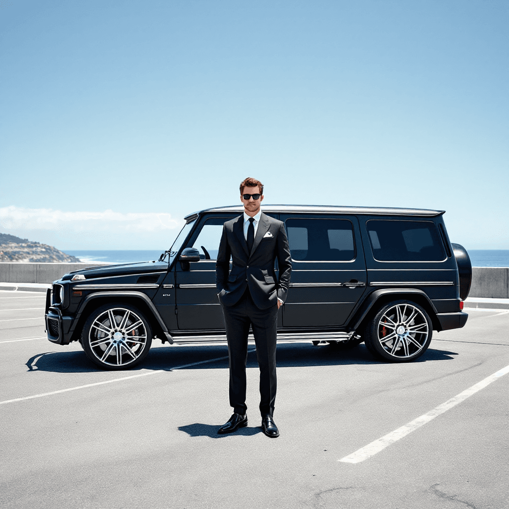 AI generated: A white male wearing a Louis Vuitton suit and dress shoes poses in front of a Mercedes G station wag...
