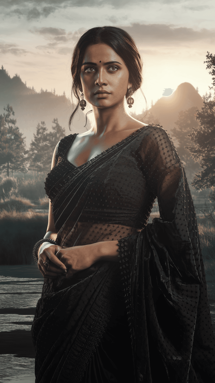 AI generated: Photo of a ultra realistic Indian Wife Wearning Black Hot Saree, dramatic light, pale sunrise, cinem...