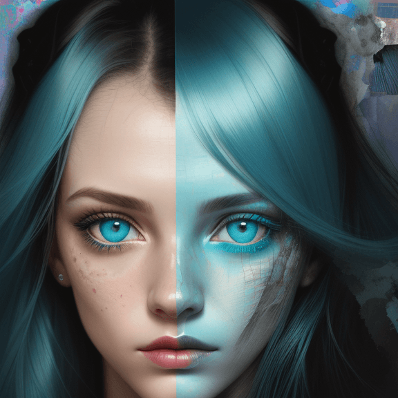 AI generated: printed collage of a woman's face, grunge beauty, cyan and blue, highly detailed realism, multi-laye...