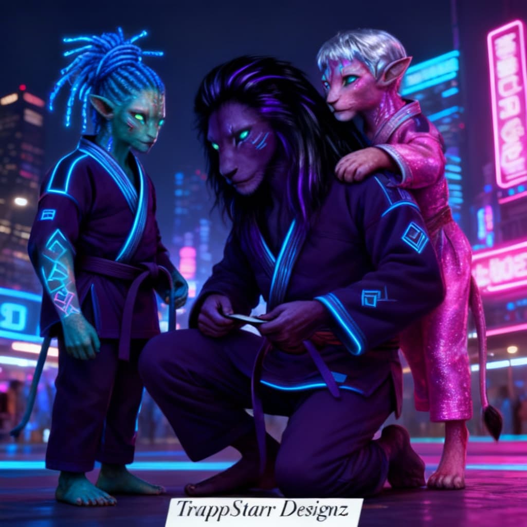 AI generated: Blend anthropomorphic to create a new anthropomorphic, alien hybrid. Give a Nightlife backdrop, and ...