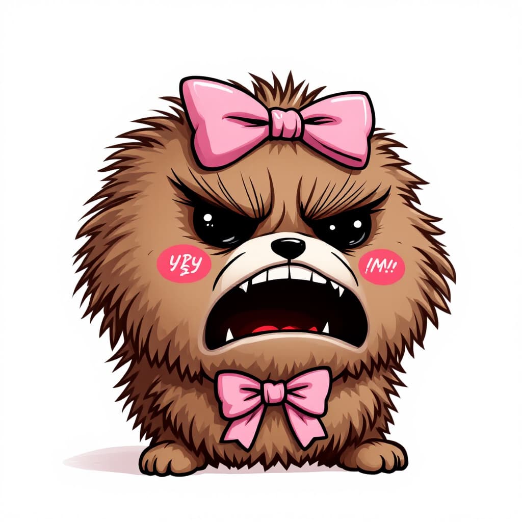 AI generated: very disgust face brown fluffy character wearing a pink bow on white background.