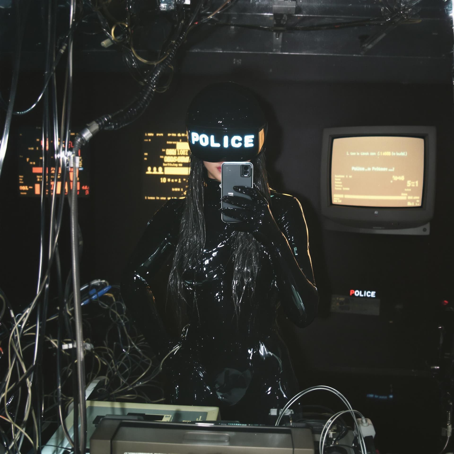 AI generated: mysterious female figure in a glossy black latex bodysuit stands in front of a mirror, capturing a s...