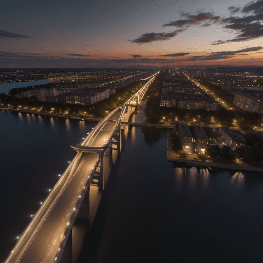 AI generated: nightlight at sunset, tall builings in the background with a lake an a bridge. 
