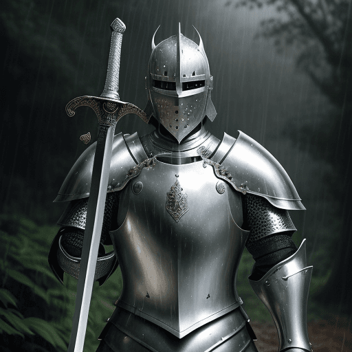 AI generated: real life portrait photo of a man wearing shiny silver armor while holding a sword, the knight is st...