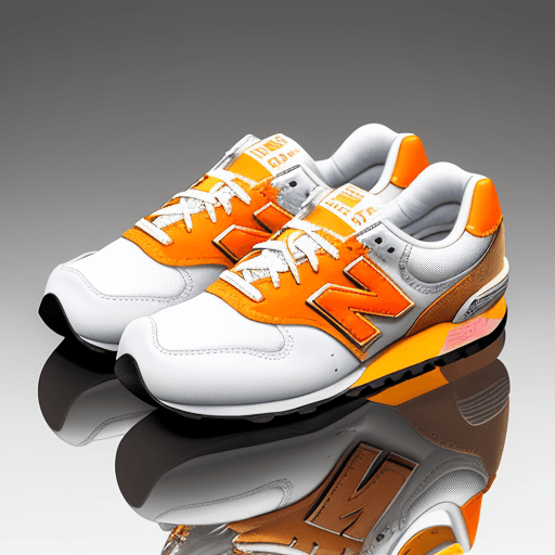 AI generated: photograph, productive, New Balance 327, white and orange, yellow, reflection