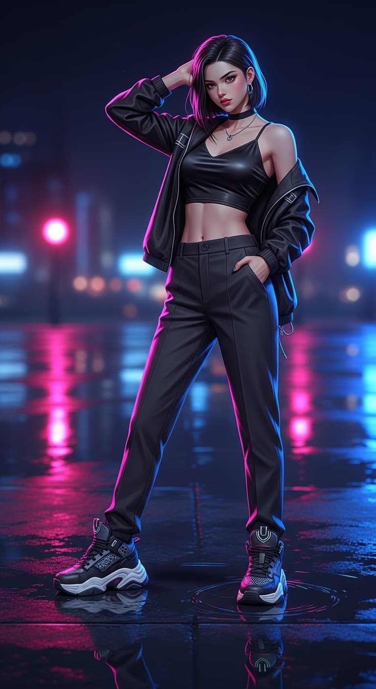 AI generated: hyper-stylized streetwear girl, realistic anime fusion style, black satin crop top, tailored pants, ...