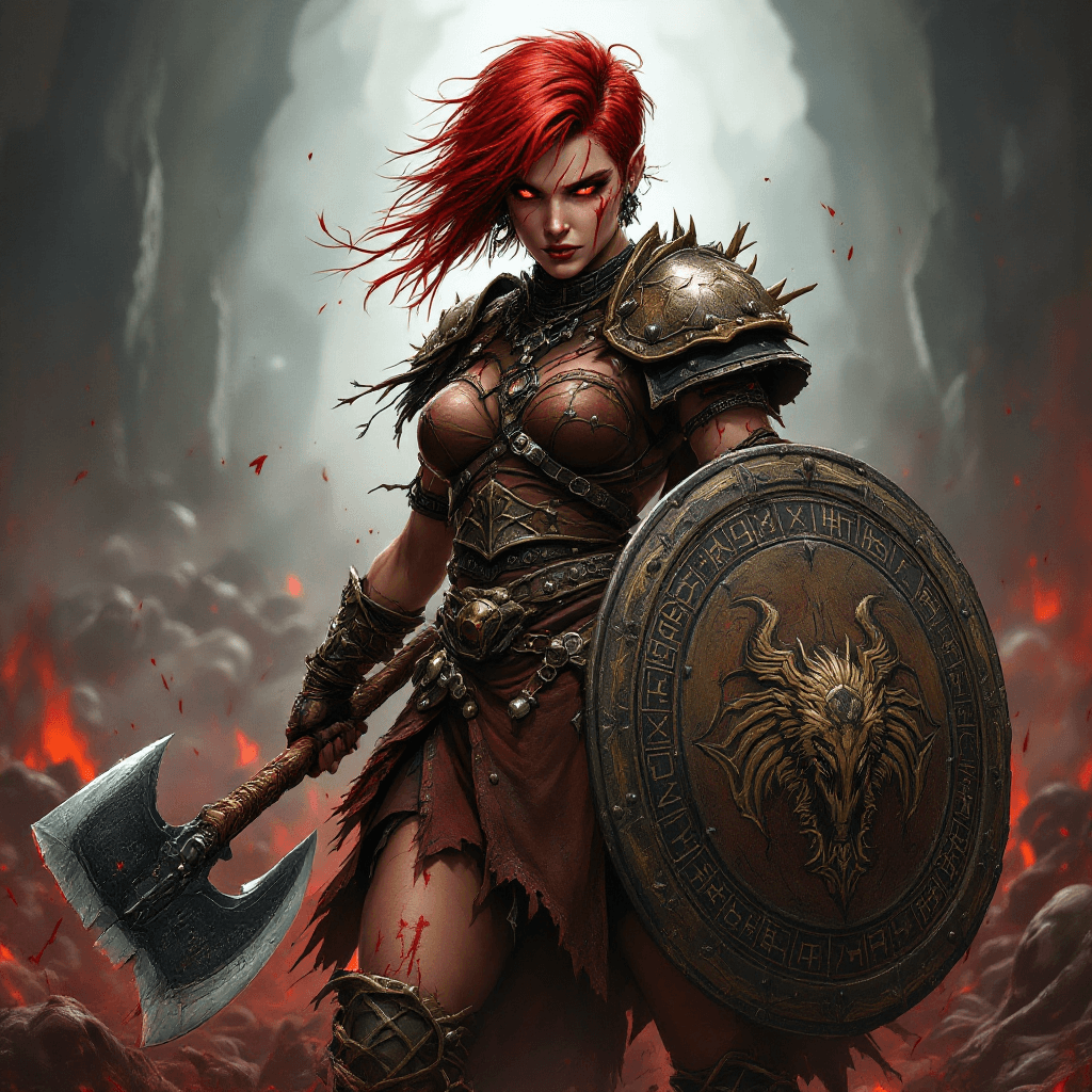 AI generated: 4. The Bloodforged Valkyrie: A formidable warrior with short, vibrant crimson hair styled in a pract...