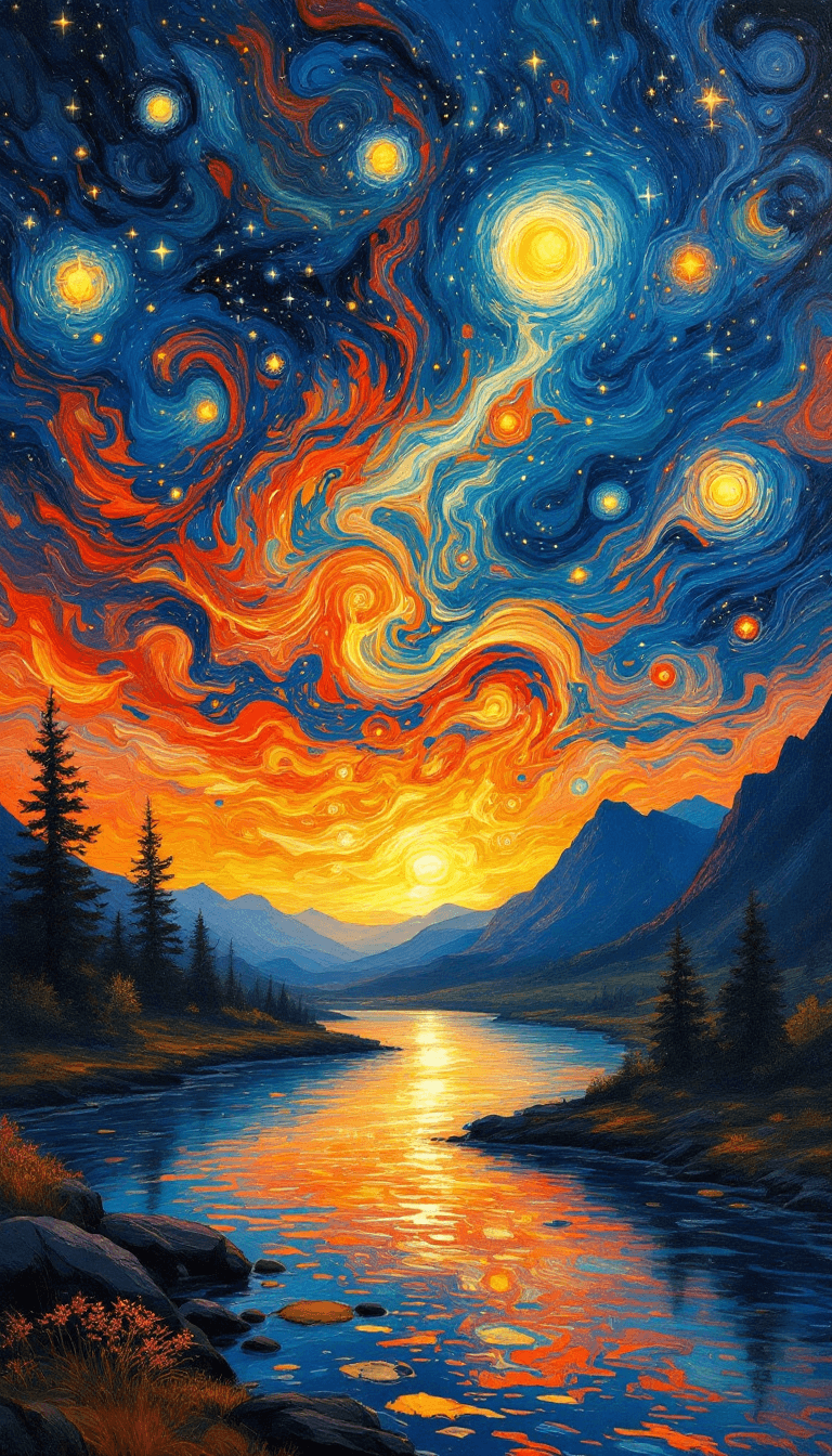 AI generated: A Van Gogh-inspired starry night scene, vivid swirling brush strokes of fiery orange and deep blue, ...