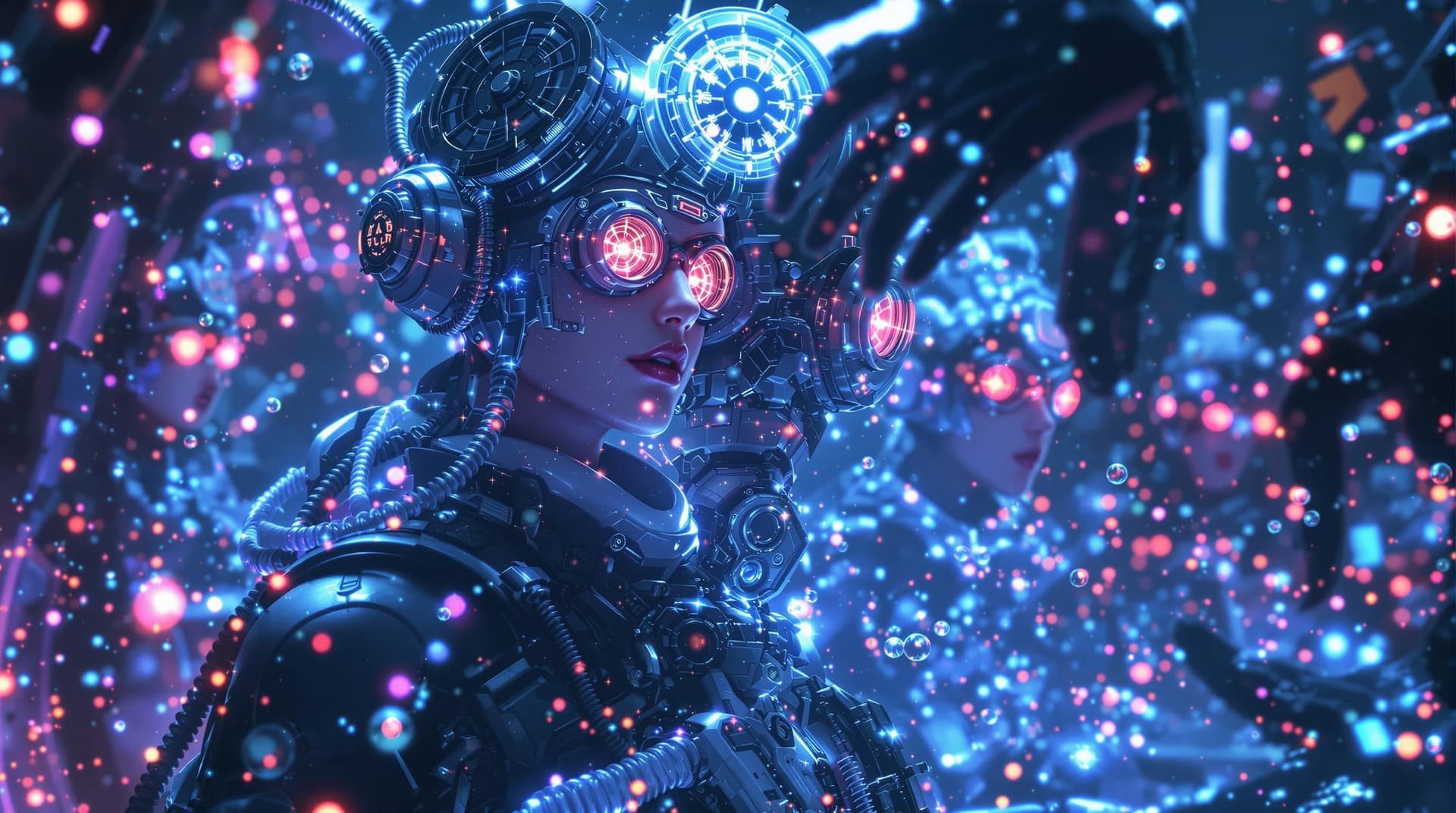AI generated:  sci -fi scenerie ,multiple hyper realistic steampunks  characters ,being teleported to the future, ...