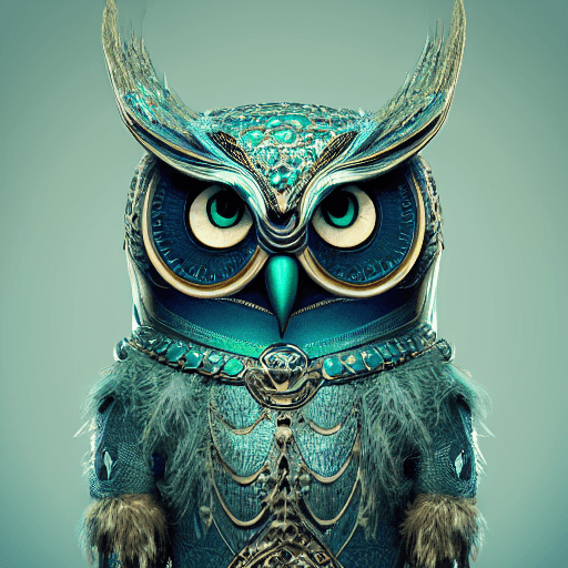 AI generated: Anthropomorphic blue owl, big green eyes, lots of details, portrait, finely detailed armor, cinemati...