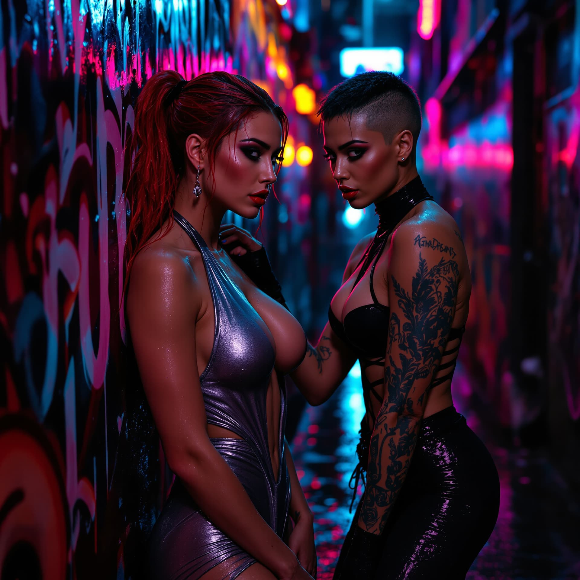 AI generated: 8K RAW cinematic scene of TWO athletic women in neon-soaked alley, Canon 5D Mark IV, 24mm f/1.4, HDR...