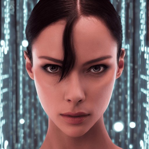 AI generated: create image of woman, full body, face of the Trinity in Matrix Movie, reflective eyes, , ultra high...
