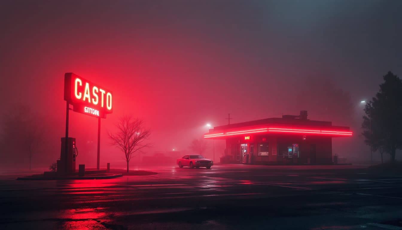 AI generated: a highly detailed photography of a single gas station with a light sign in the fog, red tint, 1980s,...