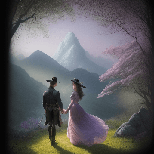 AI generated: (Couple:3.1), An impressionistic design, Chinese mountain, dreamlike atmosphere, shaded by soft past...