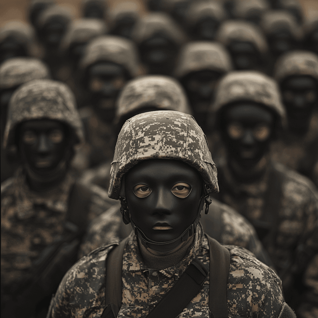 AI generated: an army of men from different races, all wearing the same mask from tyler the creator chromakopia, m...