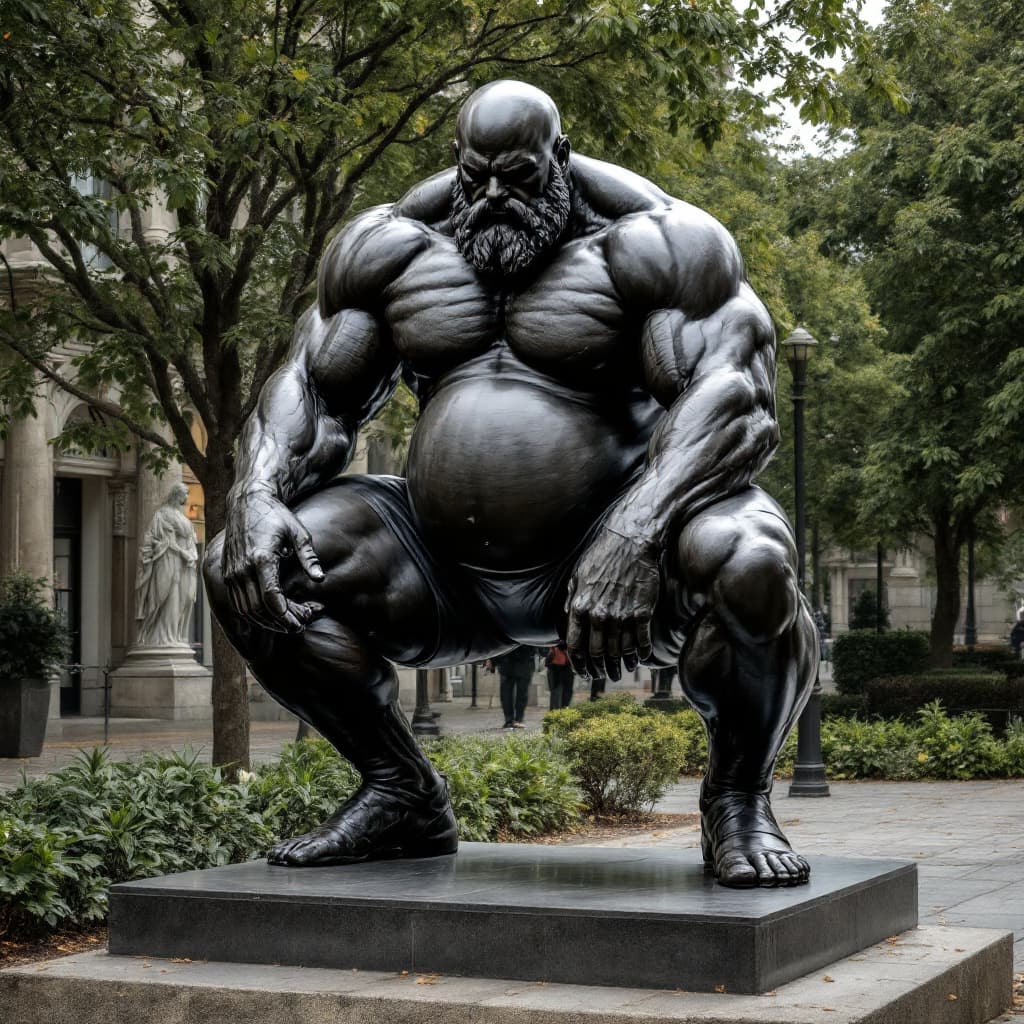 AI generated: I want a large regal statue just from the waist down, of man doing a squat. no head or torso I want ...