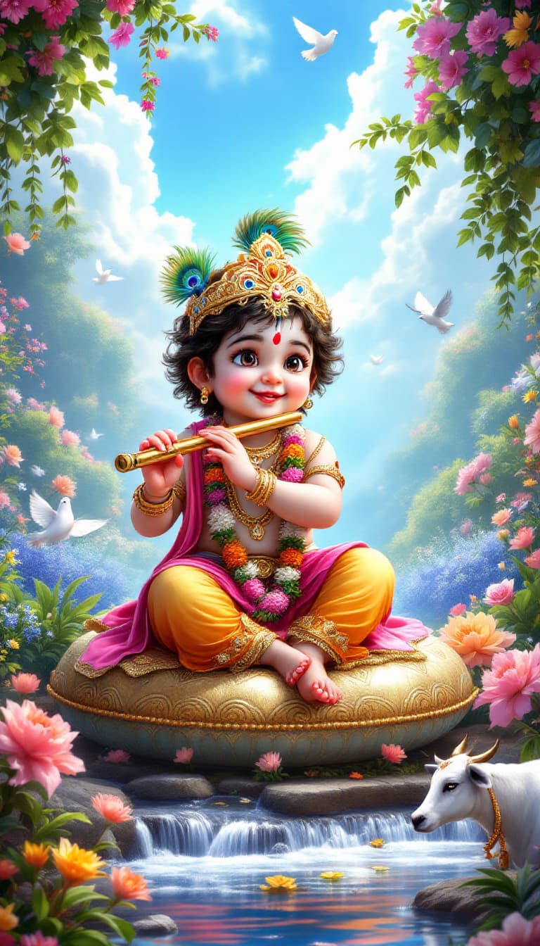 AI generated: "A divine, ultra-HD 8K vertical digital painting of baby Lord Krishna sitting on a decorative cylind...