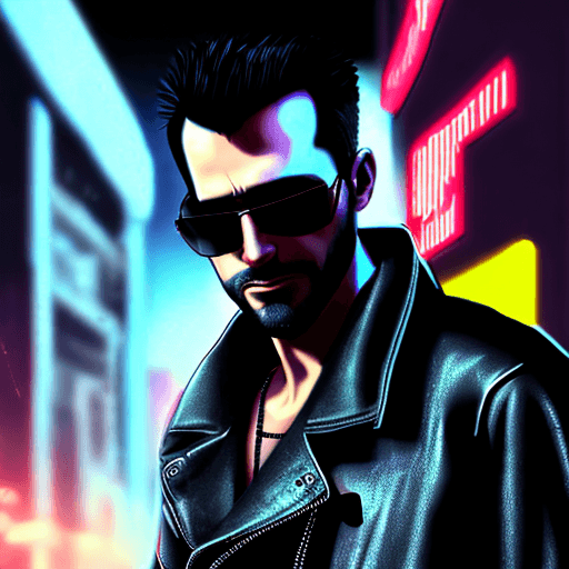AI generated: cyberpunk, priest, man wearing leather coat and aviator sunglasses, look into you, black short hair,...