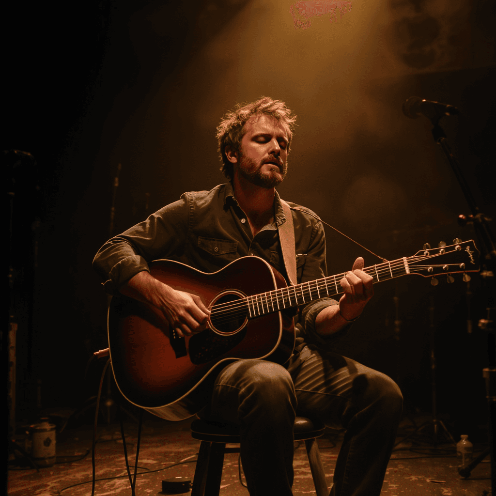 AI generated: Intimate close-up of a male singer sitting on a small stage, holding an acoustic guitar, mid-perform...