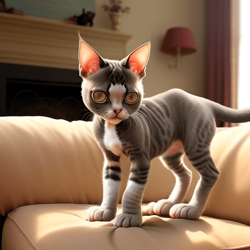 AI generated: Adorable kitten, Devon Rex breed, playing with a ball, cozy living room, sunlight,