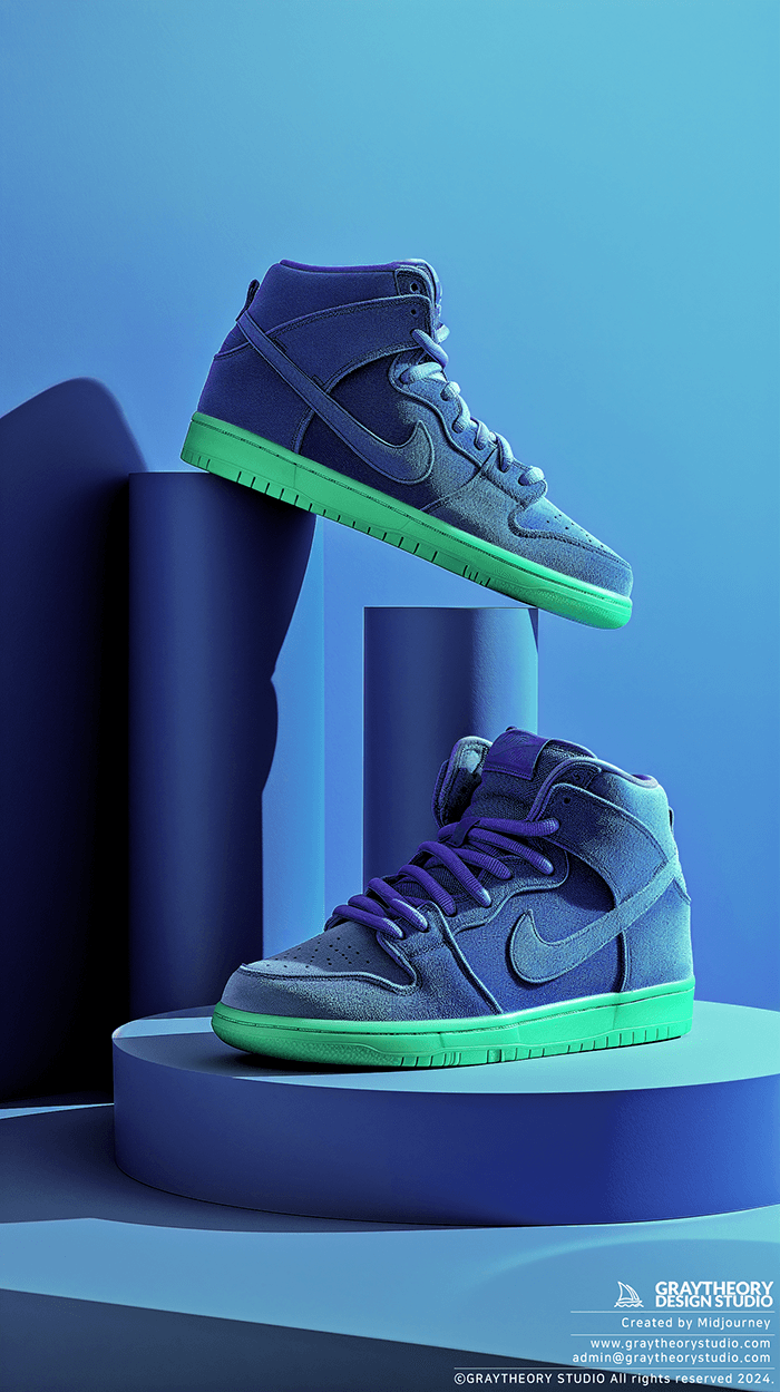 AI generated: photograph, productive view, cylinder podium with Nike SB shoes