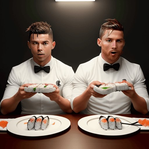 AI generated: Ronaldo and messi eating Sushi Realistik

