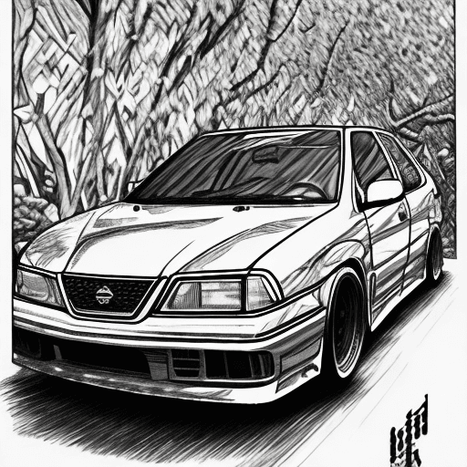 AI generated: nissan sentra b13 90s, drifting in initial d mountain, initial d art style, manga black and white, p...