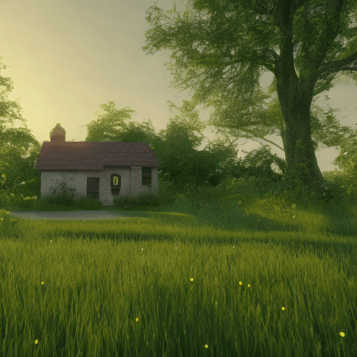 AI generated: Photo of a beautiful green field and a cottage in the back, during dawn, , 4k, hyper realistic, unre...