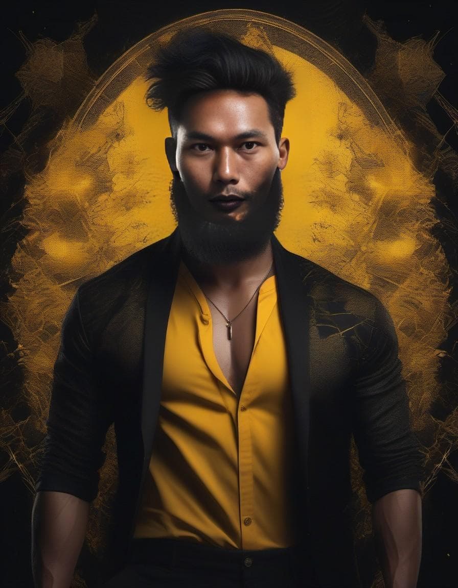 AI generated: epic digital portrait of a bearded man, in the style of black and yellow, cracked, intricate details...