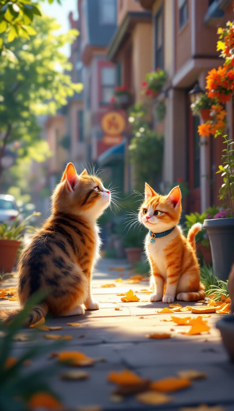 AI generated: enchanting scene of Mark as a cat, using his newfound agility to outsmart a grumpy alley cat, Pixar-...