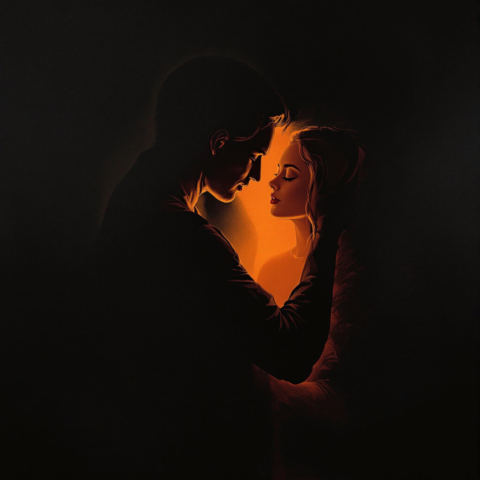AI generated: Oil painting Oil painting Painting of woman hugs an illuminated orange man figure The atmosphere is ...