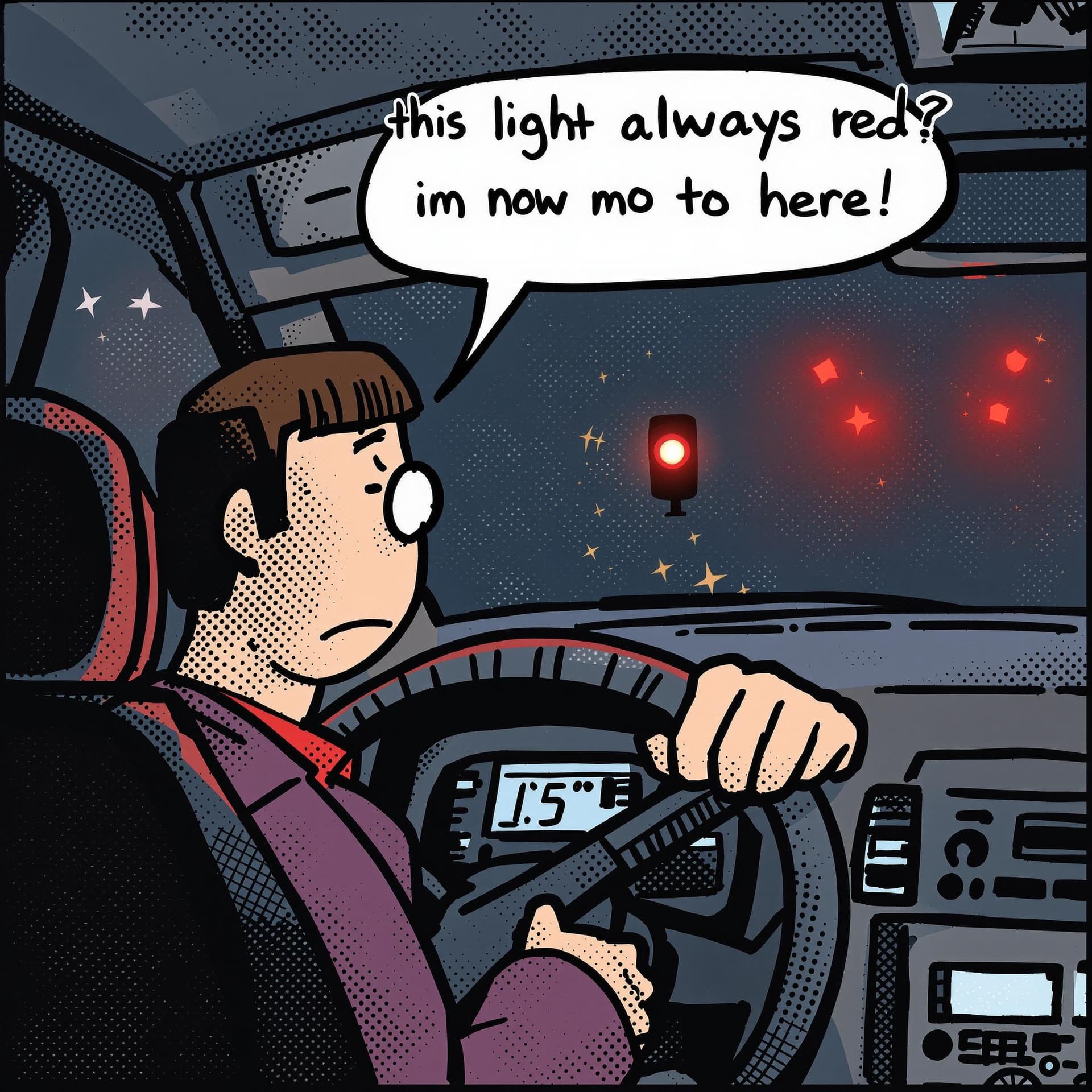 AI generated: Driver: Frustrated  "Why is this light always red? It’s like they know I’m here!"
copy the words and...