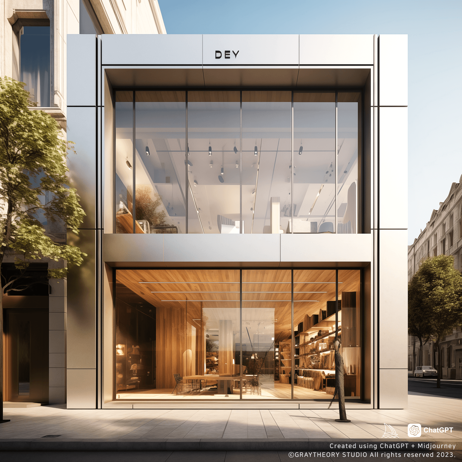 AI generated: front view, facade, fashion store, canon EOS 5d, minimalistic, 4k, untra realistic --ar 1:1