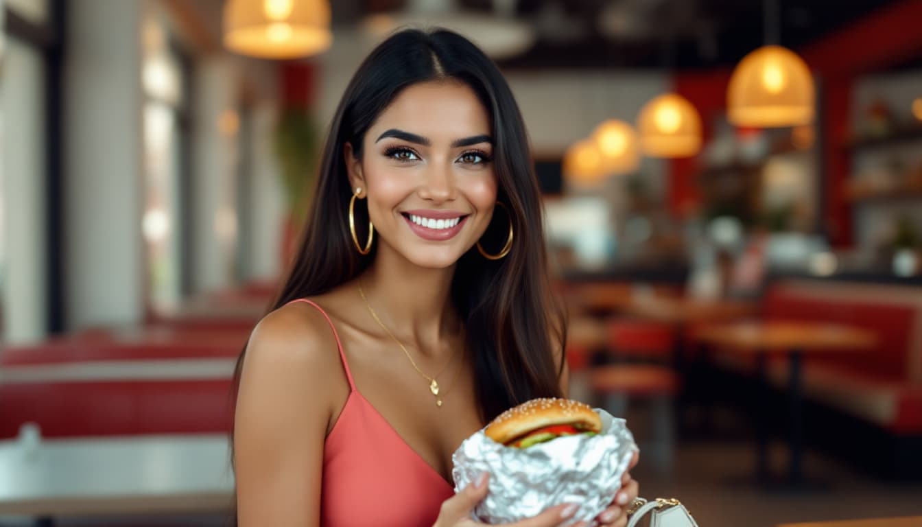 AI generated: Create an Full-body photograph of a Indian white skin woman enjoying a meal in a fast-food restauran...