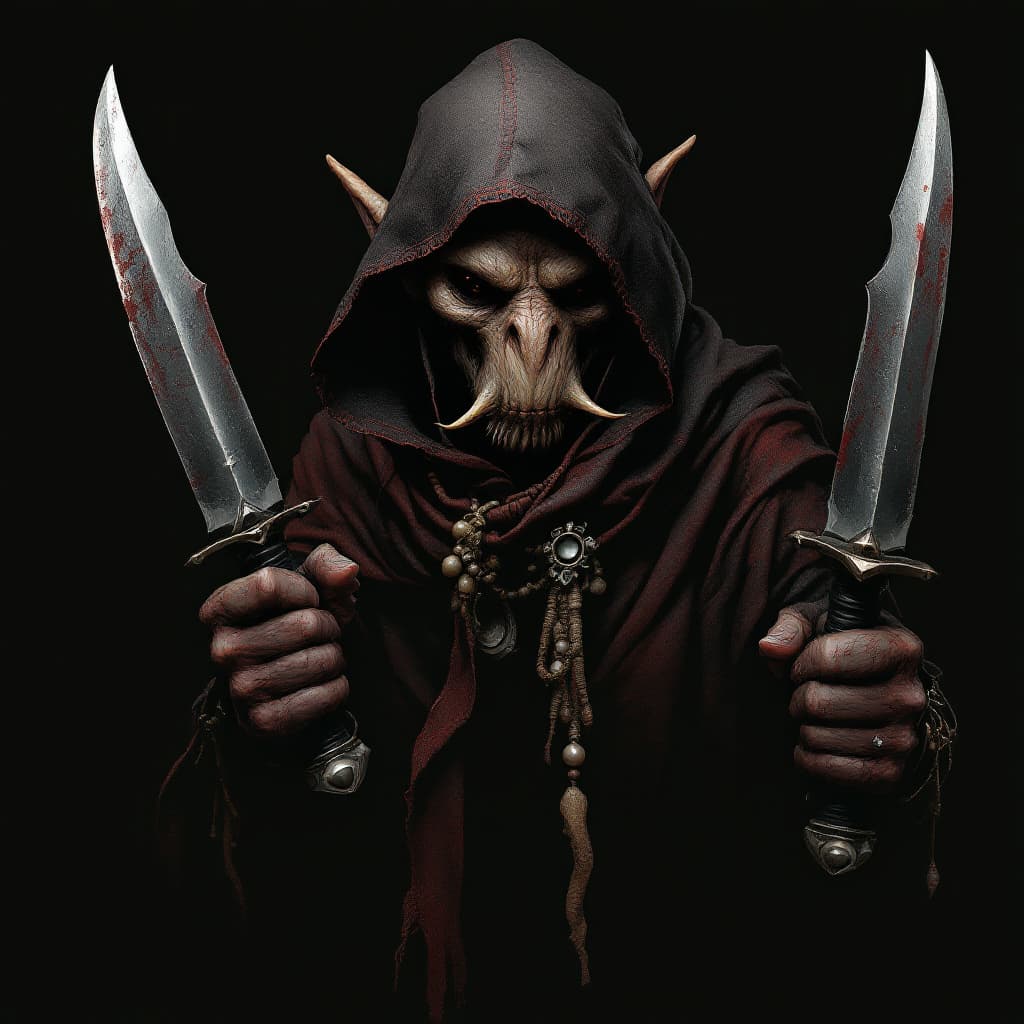 AI generated: een grey goblin thief with 2 daggers he wears a african mask