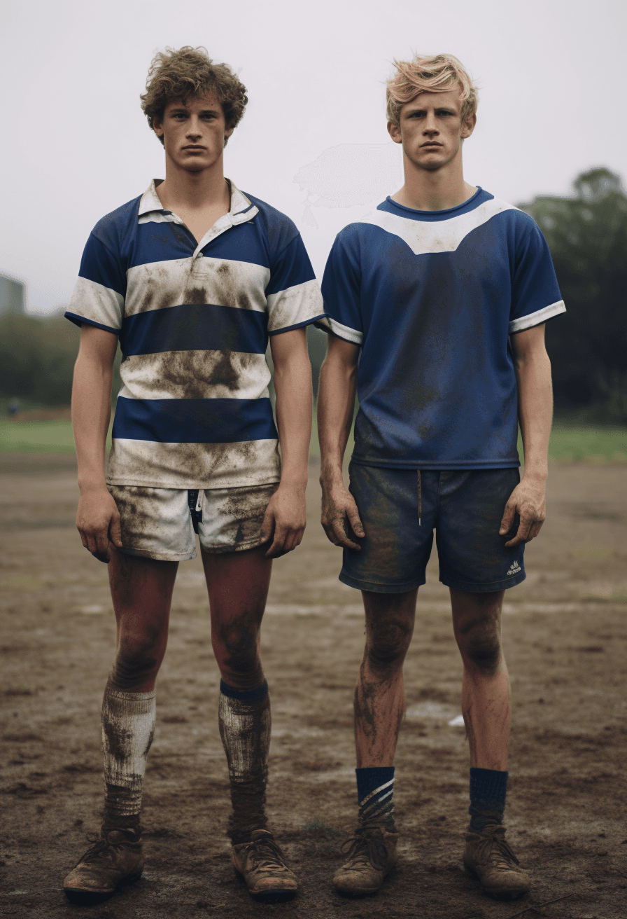 AI generated: eoin dillon and brady jones photo apex sports, in the style of indigo and beige, pensive stillness, ...