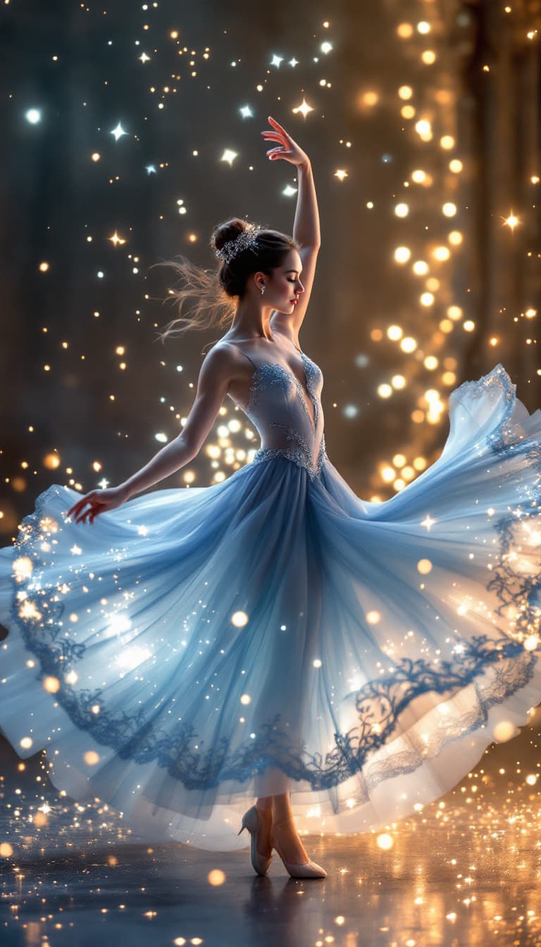 AI generated: "Celestial Whirl: A Luminous Ballet": A live-action film sequence showcases a female dancer, framed ...