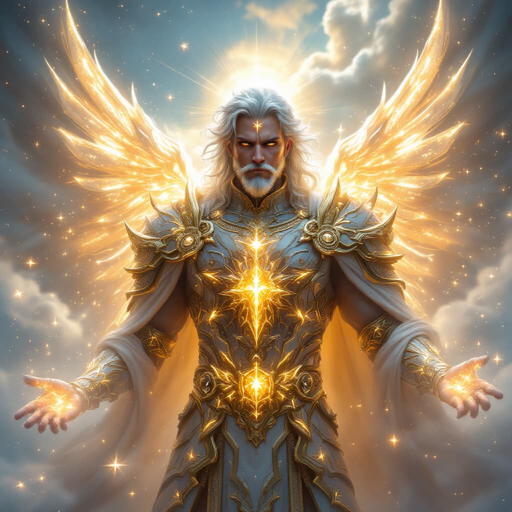 AI generated: An ultra-realistic, full-body portrait of a captivating celestial paladin man, radiating divine powe...