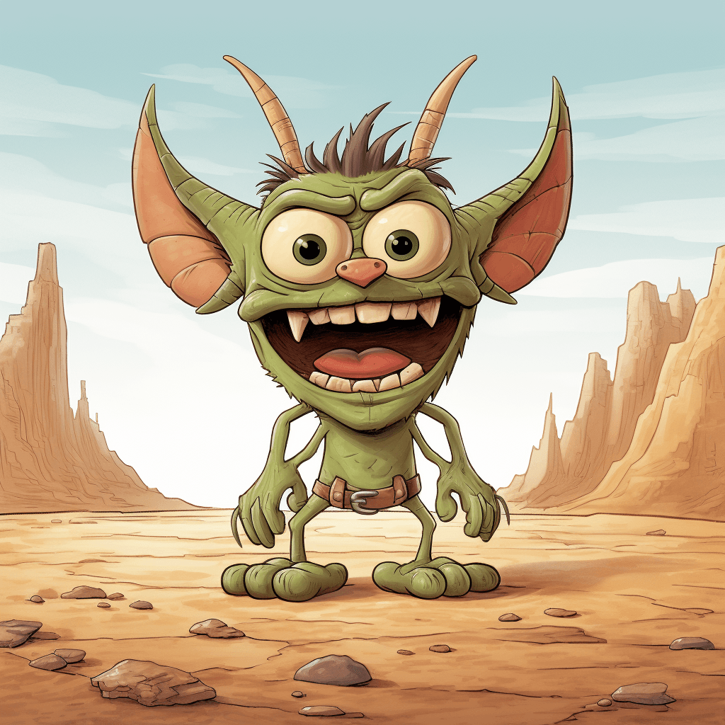 AI generated:  cartoon of a colorful creature, big eyes and big teeth, big ears, light bronze and green schema, ro...