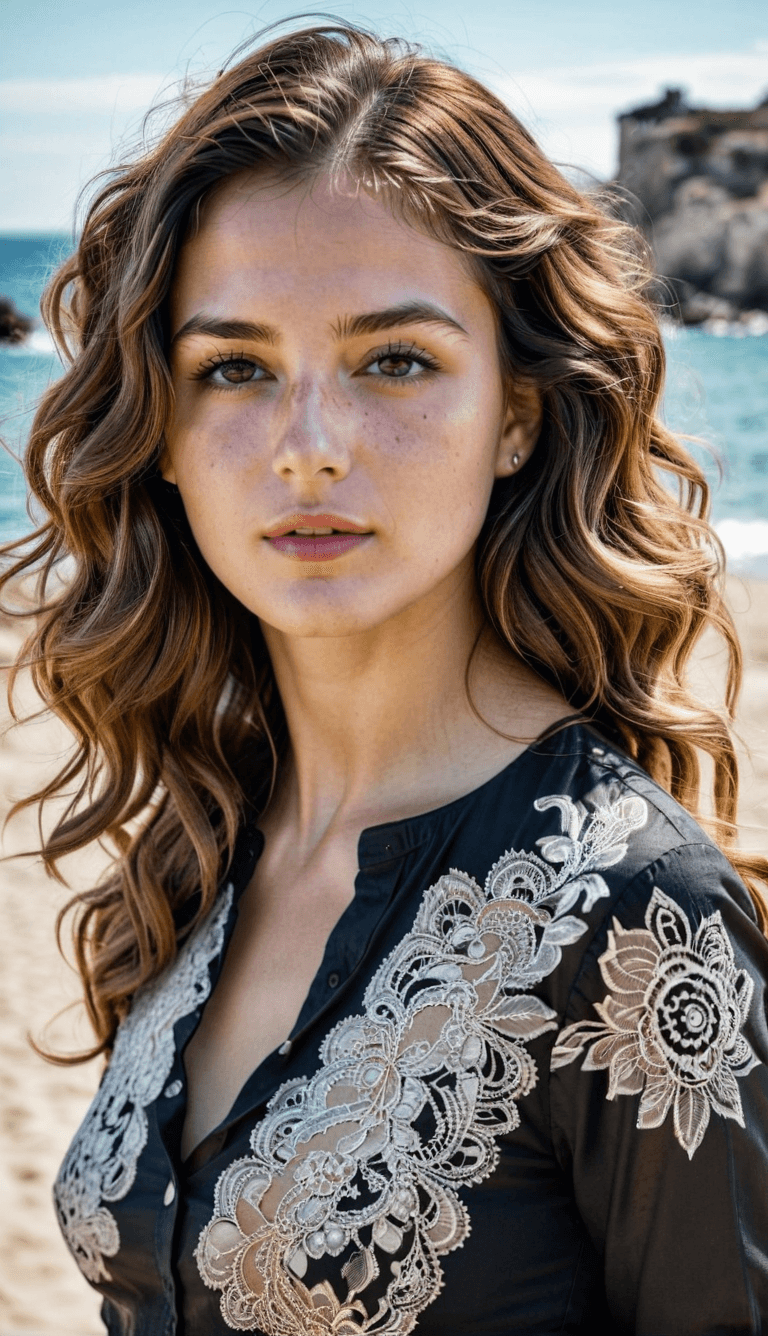 AI generated: Portrait of  a woman with shoulder-length wavy hair with sun-kissed highlights and freckled fair ski...