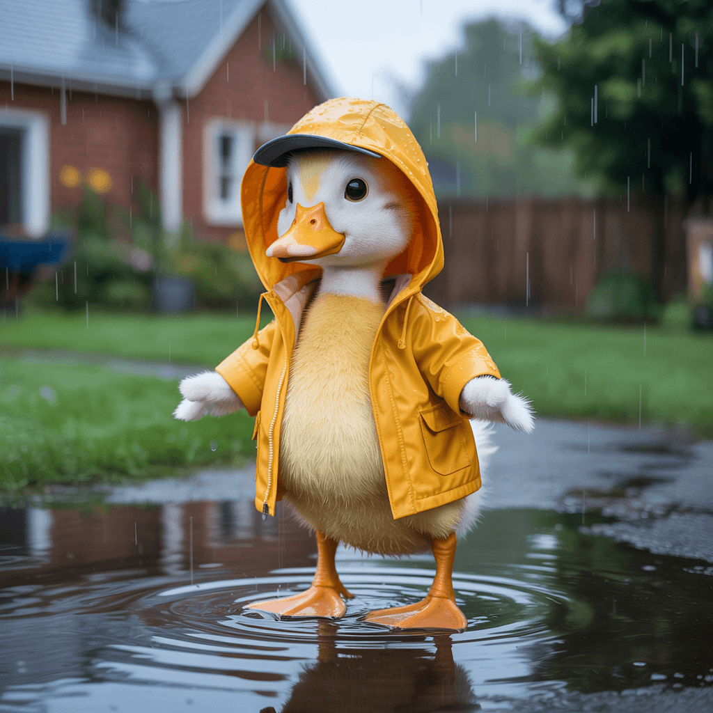 AI generated: A hyperrealistic full-body portrait of cartoon Duckling with a yellow raincoat and hat. hes standing...