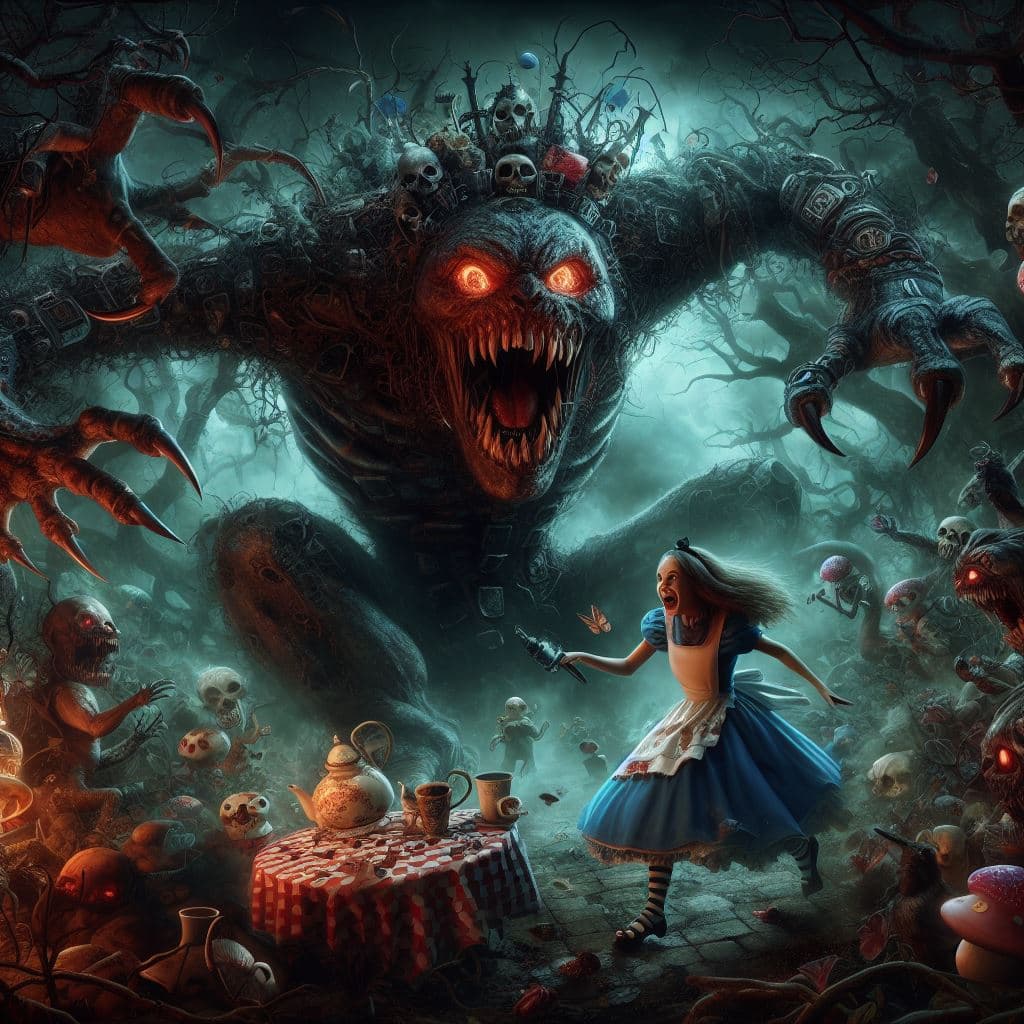 AI generated: heavy nightmare Version of alice in Wonderland, photorealism, fantasy, dynamic lighting, very high d...
