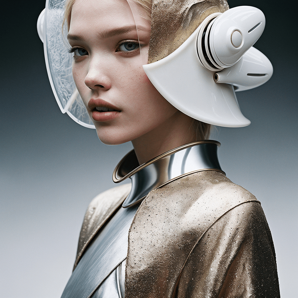 AI generated: VOGUE Ivory metalic , by Ernesto Neto [closeup fashion photography] a female sasha luss samurai futu...
