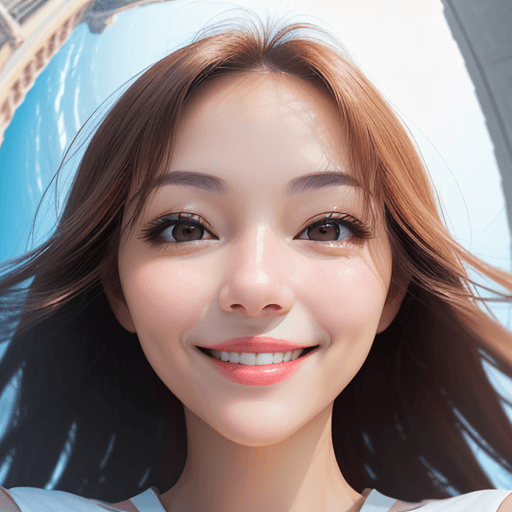 AI generated: Beautiful woman, big smile, top-down view, high camera angle, looking up into the camera, meaningful...