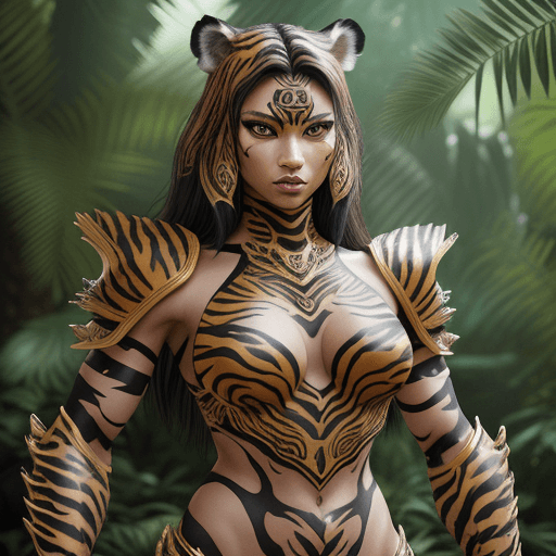 AI generated: (tiger-inspired armor design:1.5), a fierce and stylish concept for women, professional photoshoot, ...