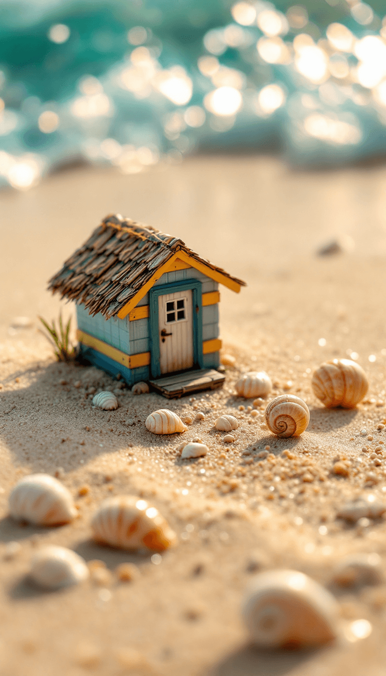 AI generated: miniature detailed beach hut set in the clear dreamy sand in the side some sea ​​snail shells, in th...